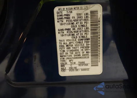 2006 Nissan Murano Sl из США, поврежденный, VIN JN8AZ08W66W550526